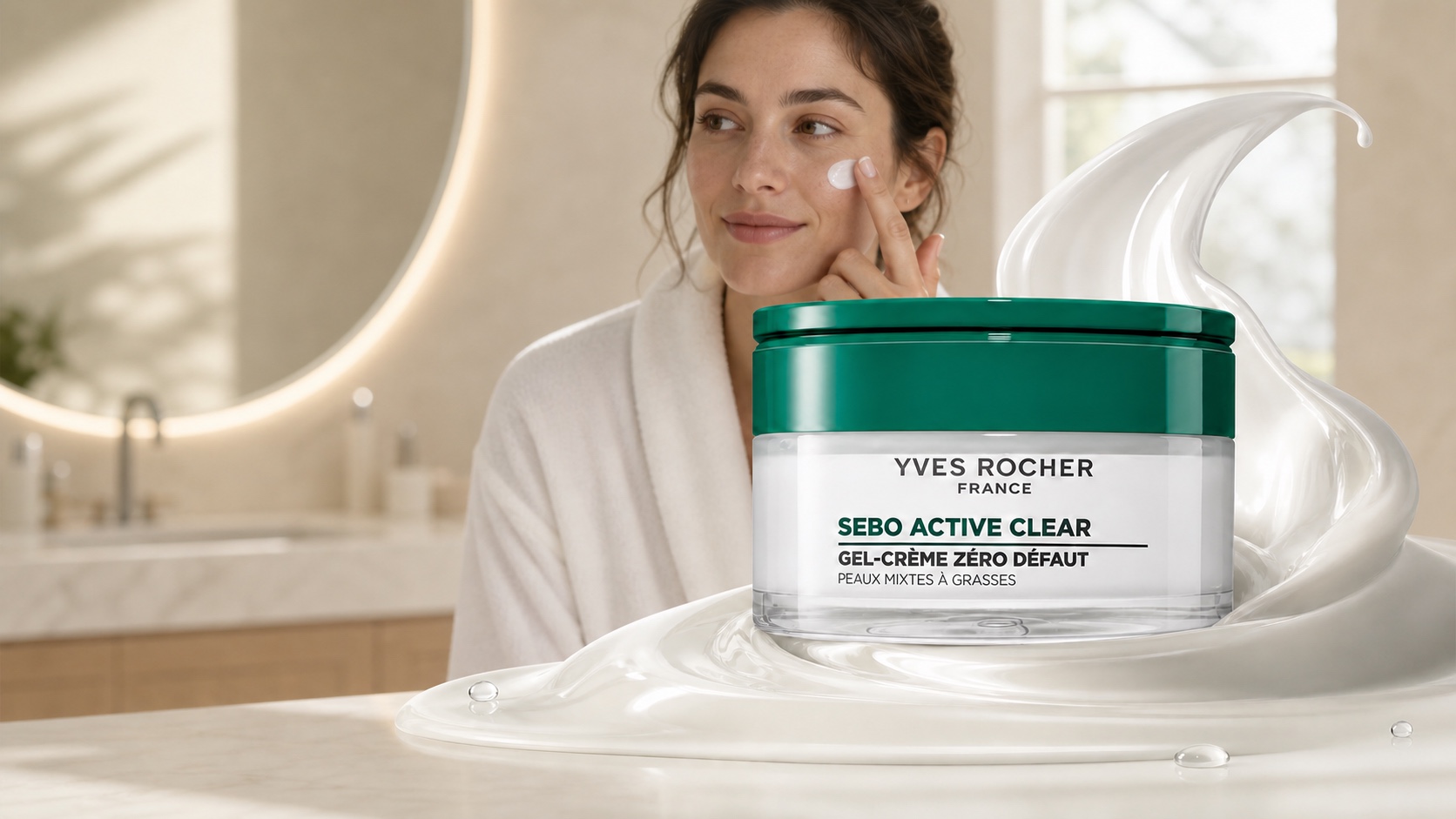 Banyoda cildine krem uygulayan kadın ve ön planda Yves Rocher Sebo Active Clear krem